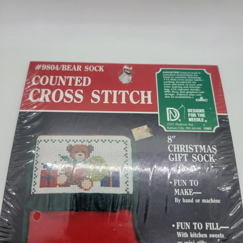 Vintage Counted Cross Stitch Christmas Bear Sock Stocking #9804 DMC Designs Gift - Picture 6 of 12